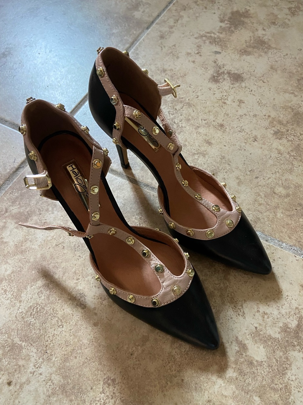 Studded pointed toe heels